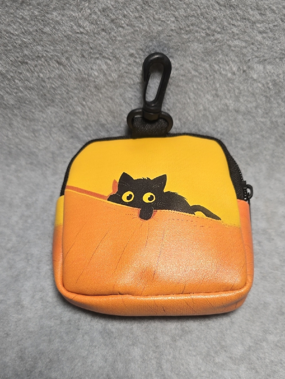 Cute Black Cat Coin Pouch Key Clip - Yellow & Orange